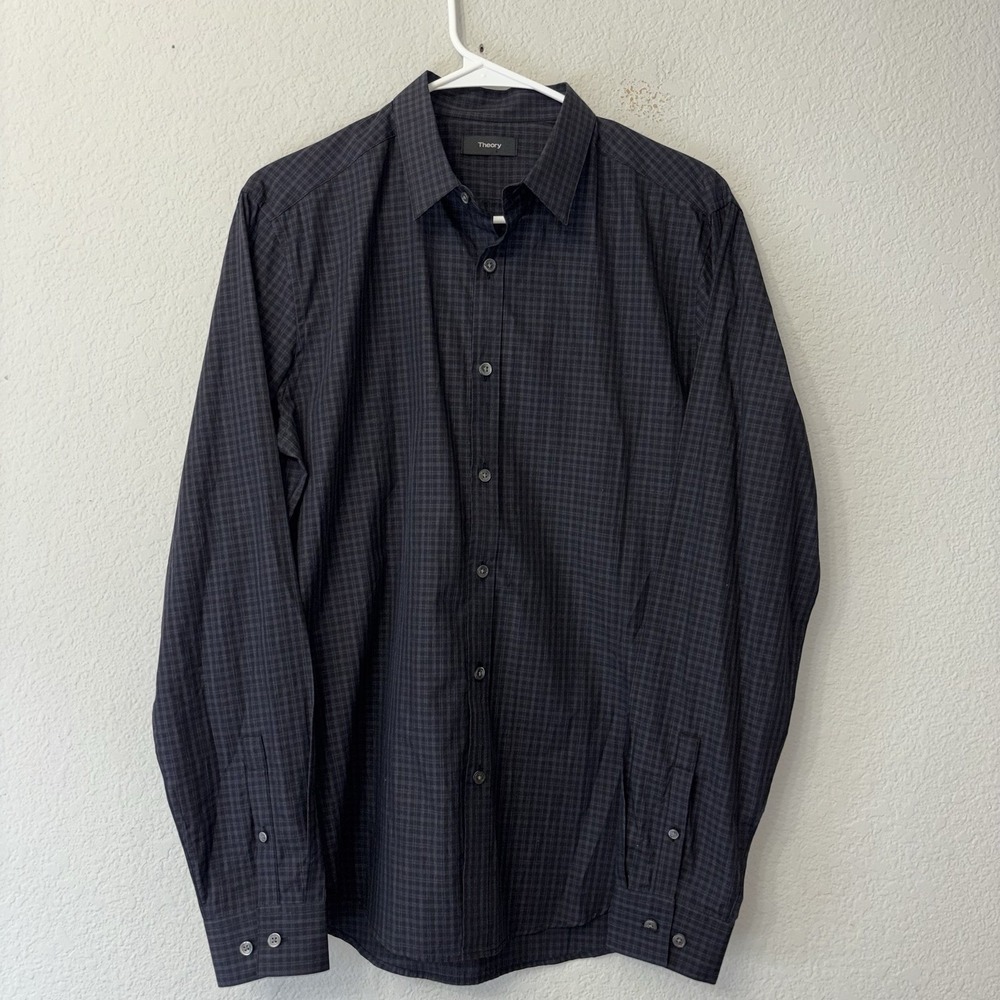Theory Gingham Micro Check Button Up Shirt Men's Size S Black Gray Long Sleeve